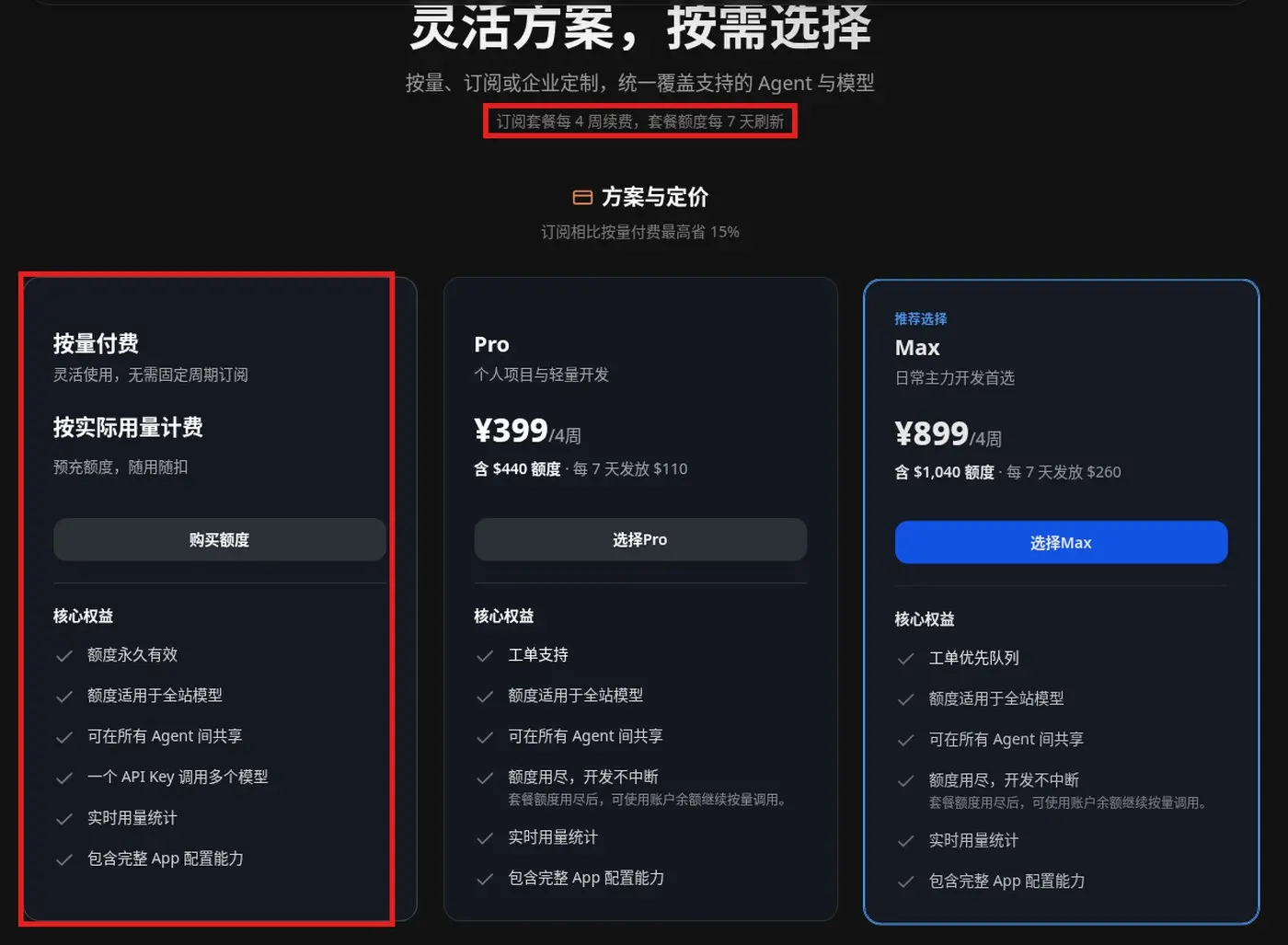 官网方案与定价：按量、Pro、Max